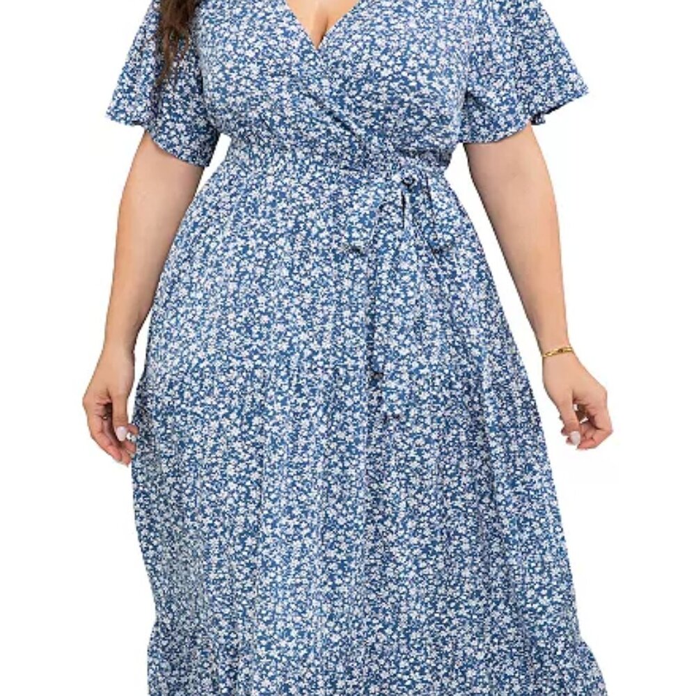 Women's Plus Size Maxi Dress High Waist Ruffle Dress Summer V Neck Dress